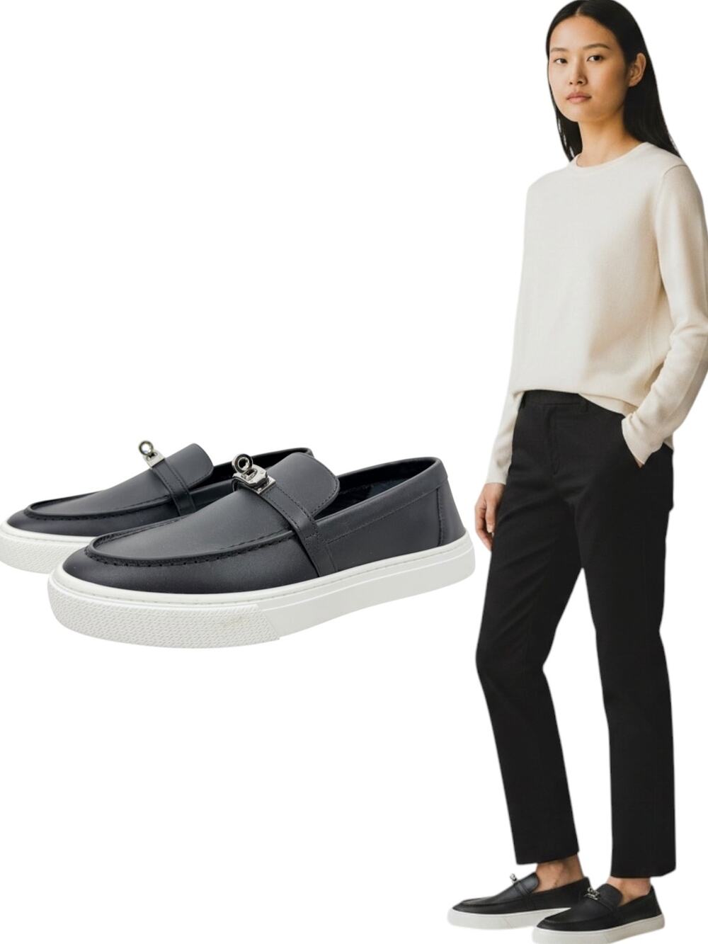 Hermes Game Leather Slip On Kelly Buckle Loafer Sneakers Black Size 39.5